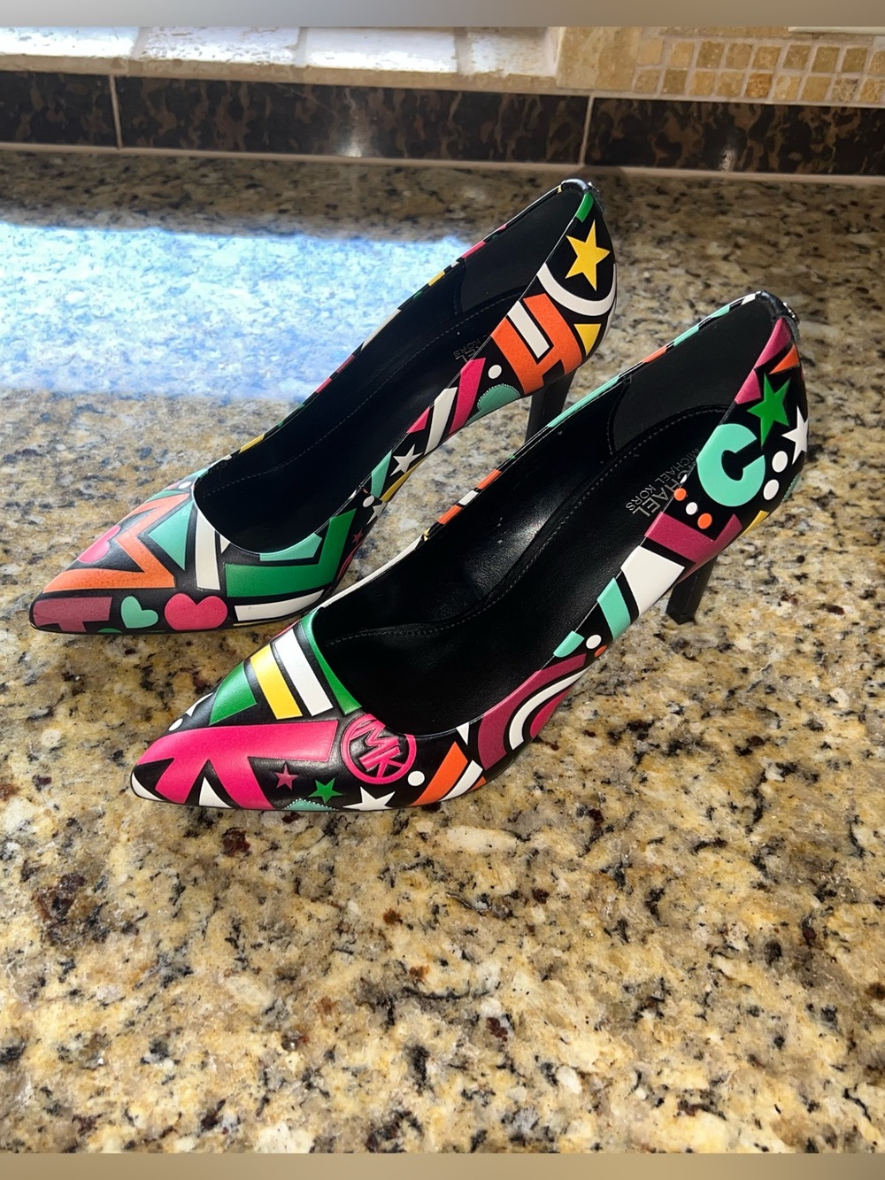 Michael Kors Multicolor Graphic Pointed-Toe Pumps with Stars & Hearts